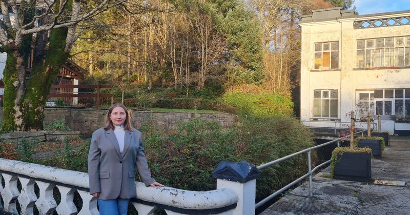 Anastaciia Bloshchynska in front of the old bath house at the spa wells. Photograph: Jessica Doyle