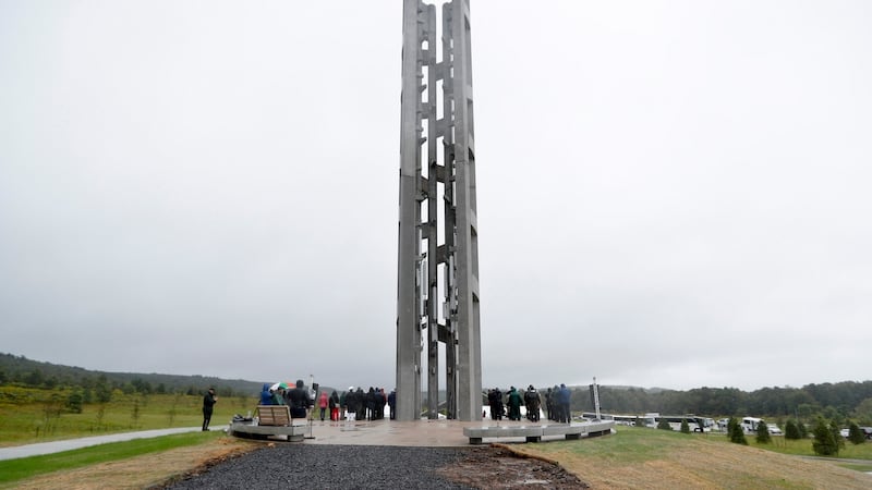 28m (93-foot) tall Tower of Voices at the Flight 93 National Memorial in Shanksville, Pennsylvania., where the tower contains 40 wind chimes representing the 40 people that perished in the crash of Flight 93 in the terrorist attacks of 9/11. Photograph: Keith Srakocic/AP