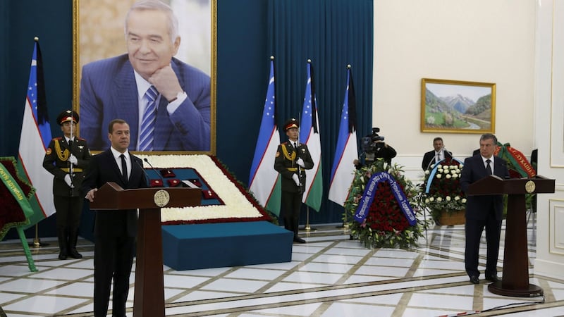 Russian prime minister Dmitry Medvedev  delivers a speech during a memorial service before the funeral of Uzbek president Islam Karimov in Samarkand, Uzbekistan. Photograph: Sputnik/Pool/Dmitry Astakhov/via Reuters