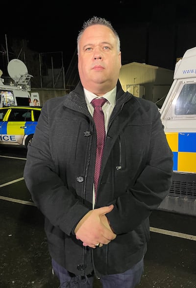 Detective Chief Inspector John Caldwell speaks to the media outside Lurgan PSNI station in relation to the killing of Natalie McNally. He was shot in Omagh on Wednesday night. Photograph: Jonathan McCambridge/PA