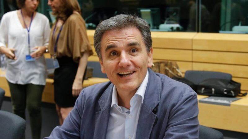 Greek finance minister Euclid Tsakalotos at the start of a special Eurogroup meeting on Greece at European Council headquarters in Brussels, Belgium. Photograph: Olivier Hoslet/EPA