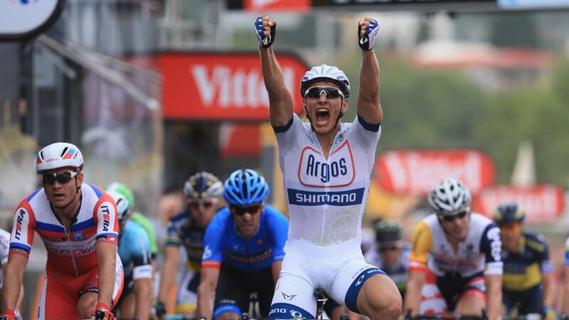 Marcel Kittel of Germany and Argos-Shimano celebrates after winning stage one of the 2013 Tour de France. Photograph:Doug Pensinger/Getty Images