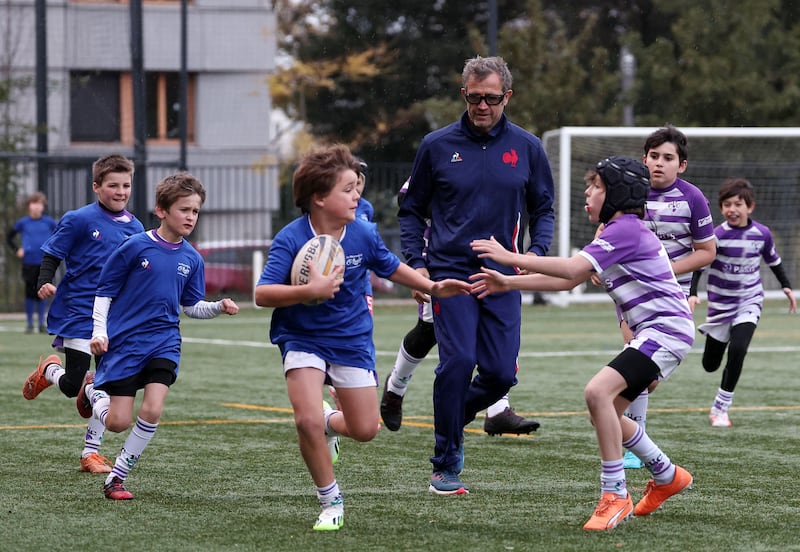 France head coach Fabien Galthié at a training session with children in Paris after his team's exist from the Rugby World Cup in 2023. Photograph: Franck Fife/AFP via Getty Images