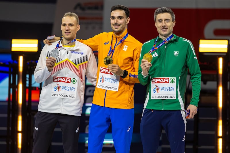 Mark English alongside 800m silver medallist Eliott Crestan (Belgium) and gold medallist Samuel Chapple (The Netherlands). Photograph: Morgan Treacy/Inpho
