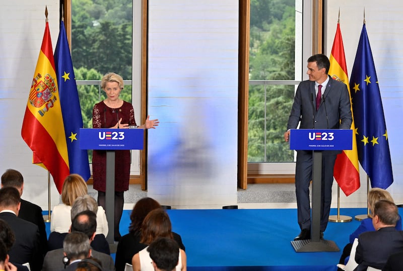 Spain's Prime Minister Pedro Sanchez and President of the European Commission Ursula von der Leyen give a press conference. One contentious subject is whether each member state can have a commissioner in an expanded EU. Photograph: JAvier Soriano/AFP via Getty Images)