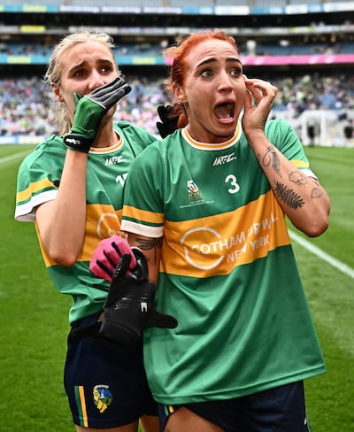 Charlene Tyrrell, right, and Áine Redican of Leitrim celebrate after the  All-Ireland intermediate final win over Tyrone at Croke Park. Photograph: Piaras Ó Mídheach/Sportsfile 