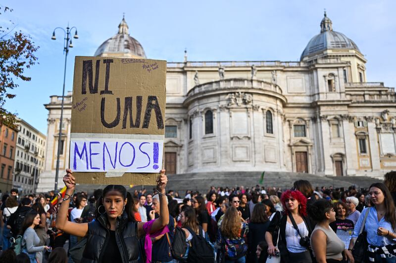 A woman holds a placard reading in Spanish "not a single one less" during a gathering marking the annual International Safe Abortion Day, on September 28th in Rome. Giorgia Meloni says she has no plans to change existing abortion laws. Photograph: Alberto Pizzoli/AFP via Getty Images