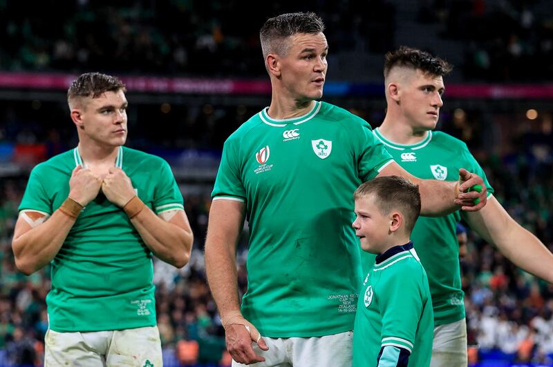 Ireland's Garry Ringrose, Jonathan Sexton and son Luca, and Dan Sheehan after the defeat to New Zealand. Photograph: Dan Sheridan/Inpho