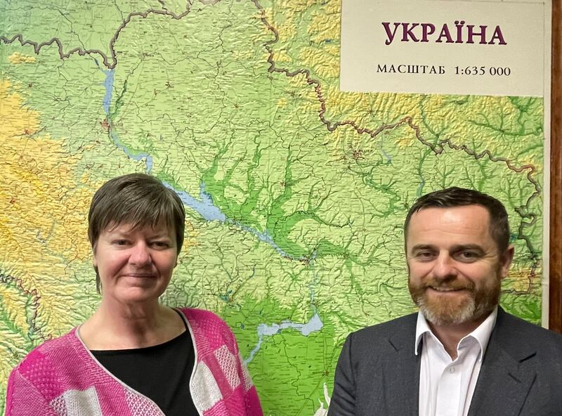 Maura O'Sullivan, chief of staff at the European Union Advisory Mission in Ukraine, and its legal adviser Aonghus Kelly - two of seven Irish staff at the Kyiv-based organisation, which supports Ukraine's investigation and prosecution of war crimes. Photograph: Daniel McLaughlin