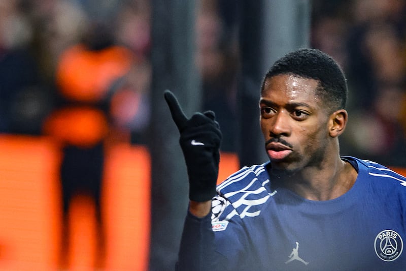 Ousmane Dembele celebrates after scoring PSG's third goal. Photograph: Fred Tanneau/AFP via Getty Images