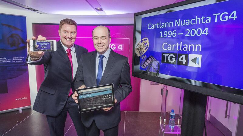 Presenter Páidí Ó Lionáird with Minister Denis Naughten at the launch of TG4’s News and Current Affairs Archive. Photograph: Bryan Brophy