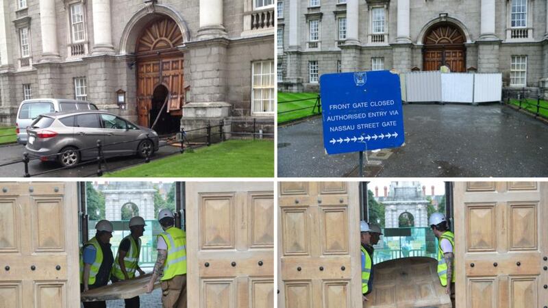 The restoration of the front gate of Trinity College Dublin after it was damaged in April. Photographs: Alan Betson, Dara Mac Donaill, David Sleator, Bryan O’Brien and Gary O’Sullivan