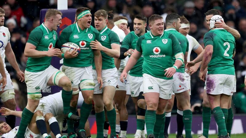 CJ Stander celebrates scoring Ireland’s second try against England in the NatWest Six Nations Championship at Twickenham. Photograph: Bryan Keane/Inpho