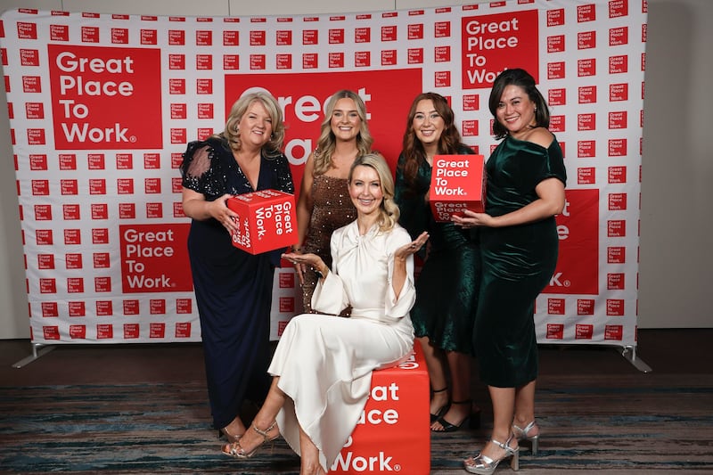 Gemma Ring, Orna O’Mahony, Chloe O’Connor, Brona Finnegan and Leah Colaco from the O’Donoghue Ring Collection at the Great Place to Work awards night