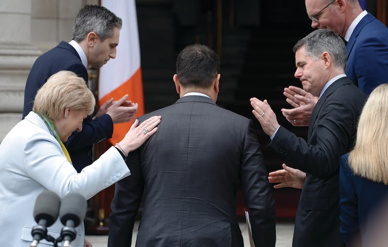 RESIGNATION: Leo Varadkar following his announcement to stand down as taoiseach and Fine Gael leader, at a press conference in Government Buildings. Varadkar (centre), with colleagues (from left) Heather Humphreys, Simon Harris, Paschal Donohoe and Simon Coveney. Photograph: Nick Bradshaw / PA Media 
