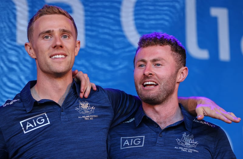 Paul Mannion and Jack McCaffrey at the Dublin homecoming in Smithfield. The return of the the two experienced stalwarts was a big factor in Dublin's return to All-Ireland glory. Photograph: Tom Maher/Inpho 