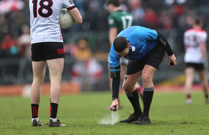 Referee Barry Tiernan on duty during the Westmeath v Louth clash at Mullingar. Only the team captain can now address referees. Photograph: James Crombie/Inpho