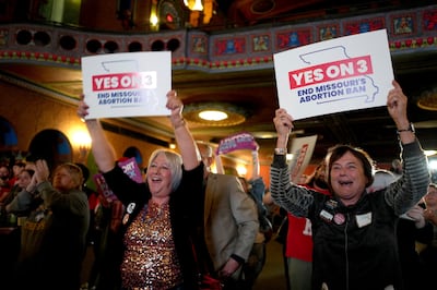 People at an election night watch party react after an abortion rights amendment to the Missouri constitution passed in Kansas City, Missouri (AP Photo/Charlie Riedel)