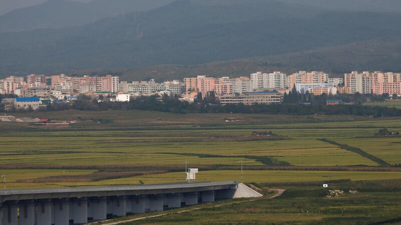 A general view shows the North Korean end of the unfinished New Yalu River bridge that was designed to connect China’s Dandong New Zone, Liaoning province, and North Korea’s Sinuiju on Sunday. Photograph: Reuters