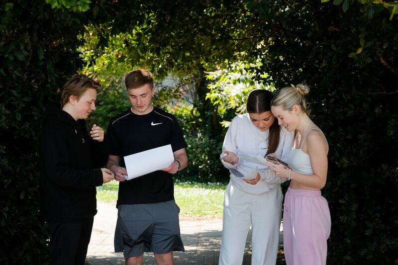 Glib Shargorodskyi, Fiontan Elmiger, Tara Walsh and Amelia O’Brien,  Leaving Cert students at Sutton Park School, Howth, discuss their exams last week. Photograph: Alan Betson

