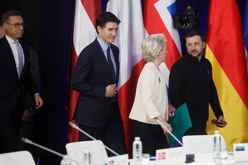 Ukrainian president Volodymyr Zelenskiy, European Commission president Ursula von der Leyen, Canada's PM Justin Trudeau and Finland's president Alexander Stubb talk during a press conference in Kyiv on Monday. Photograph: Gleb Garanich/AFP/Getty Images          