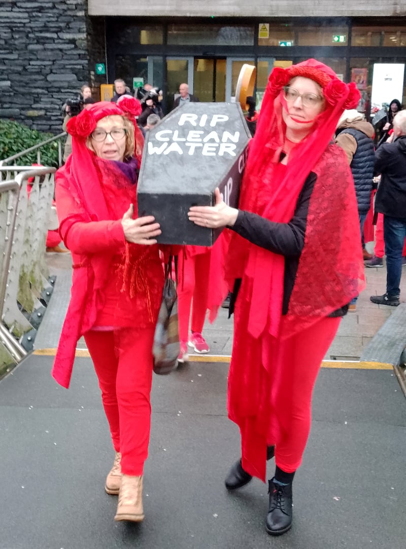 Protesters outside the Strule Arts Centre in Omagh during the public inquiry into the controversial planning application for the Dalradian Gold Mine project at Greencastle, County Tyrone. Photograph: PA Wire
