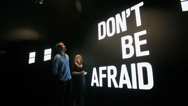 Artist Maser, whose piece Don’t Be Afraid is part of the Seamus Heaney exhibit Listen Now Again, with Marie Heaney, wife of Seamus Heaney during the opening of the National Library of Ireland exhibition in 2018. Photograph: Gareth Chaney Collins