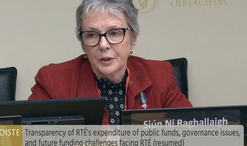 Chairwoman of the RTÉ board Siún Ní Raghallaigh makes her opening statement at the Oireachtas media committee hearing. Image: Oireachtas.ie