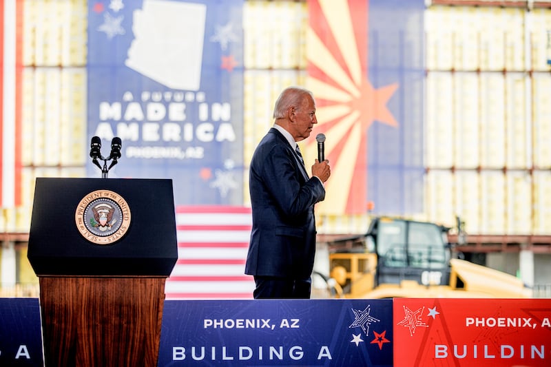 Joe Biden speaks after the US and TSMC has opened a semiconductor  manufacturing plant  in Arizona in 2022. Photograph: Adriana Zehbrauskas/ New York Times