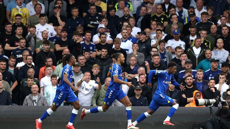 Everton’s Demarai Gray celebrates scoring his side’s second against Leeds. Photograph: Richard Sellers/PA