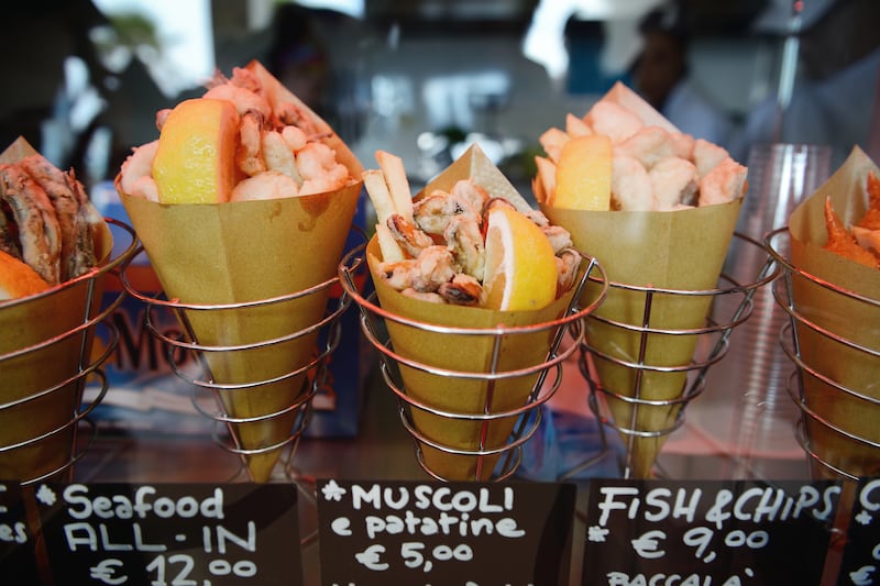 Bags of fried seafood and anchovies in a shop in Cinque Terre