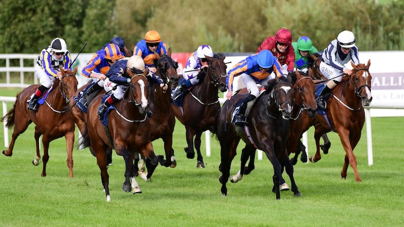 Champers Elysees and Colin Keane (L) win the Coolmore America ‘Justify’ Matron Stakes at Leopardstown. Photograph: PA