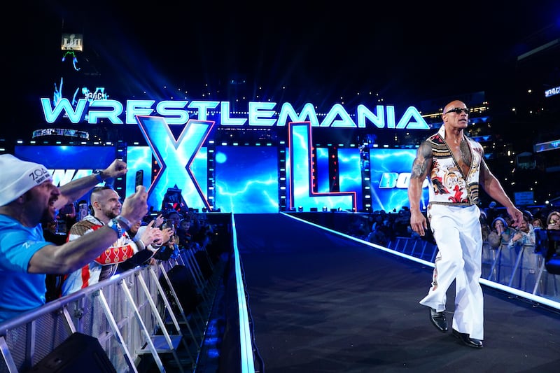 The Rock enters the ring on Night Two of WrestleMania 40 at Lincoln Financial Field. Photograph: WWE/Getty