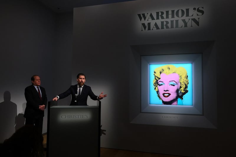 Christie’s will offer Andy Warhol’s Shot Sage Blue Marilyn painting of Marilyn Monroe during its May Marquee Week of sales. Photograph: Dia Dipasupil/Getty Images