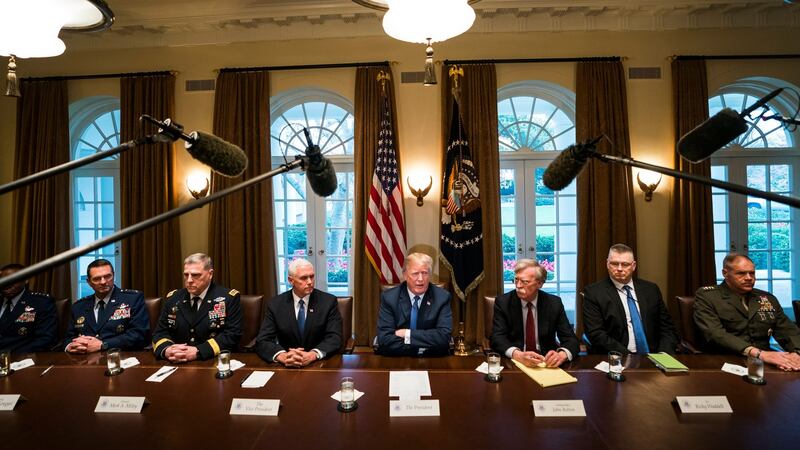 US President Donald Trump speaks with the media before a meeting with his military leadership in the Cabinet Room of the White House in Washington DC on Monday. Photograph: Jim Lo Scalzo/EPA