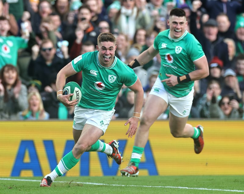 Jack Crowley scores his team's first try during the Guinness Six Nations match against Italy at Aviva Stadium last year. Photo: David Rogers/Getty Images)