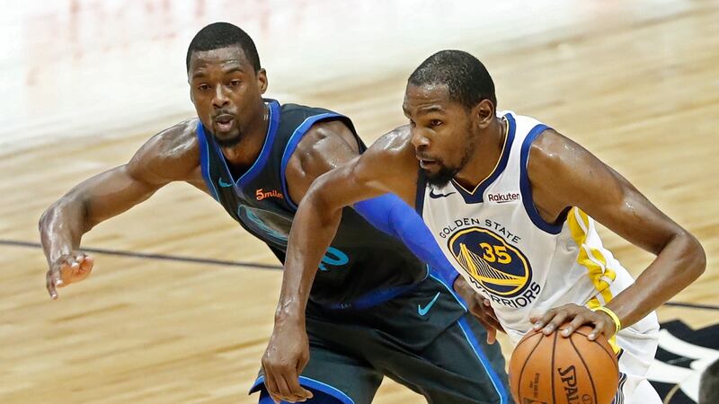 Kevin Durant (R) of the Golden State Warriors. The NBA is the highest paying league in the world on average. Photograph: Larry W Smith/EPA