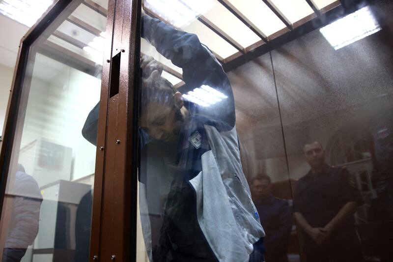 Dalerdjon Barotovich Mirzoyev  at Basmanny District Court in Moscow for a hearing on Sunday. Photograph: Tatyana Makeyeva/AFP/Getty 