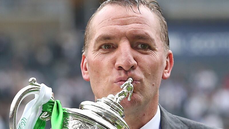 Celtic manager Brendan Rodgers with the Scottish Cup after the final victory over Aberdeen at  at Hampden Park, Glasgow. Photograph: Jane Barlow/PA