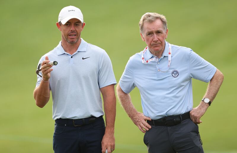 Rory McIlroy with his golf coach Michael Bannon during the Pro Am event at Quail Hollow Country Club at Charlotte, North Carolina. Photograph: Andrew Redington/Getty Images