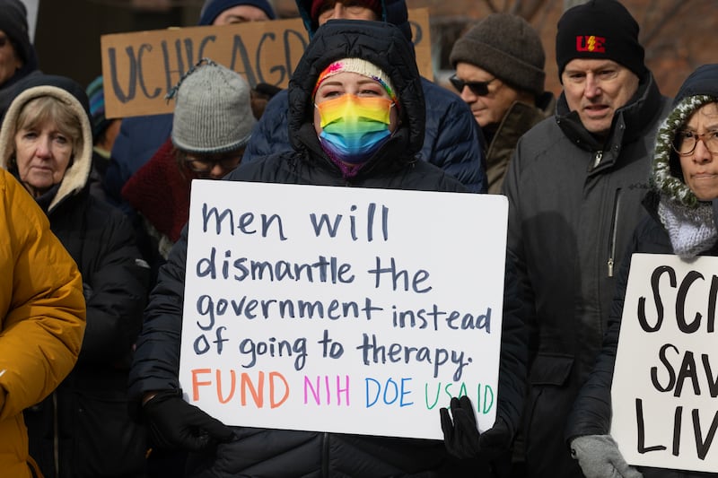 Researchers protest on the University of Illinois Chicago campus over the potential loss of federal funding for medical research, as the Trump administration cuts grant funding from the National Institutes of Health. Photograph: Scott Olson/Getty Images