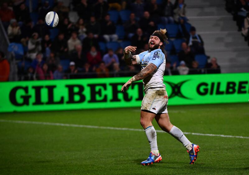 Bayonne's Federico Mori celebrates after scoring a try during the Champions Cup pool 3 match against Exeter at the Stade Jean Dauger in Bayonne, France, on Sunday. Photograph: Gaizka Iroz/AFP via Getty Images