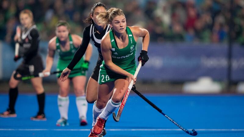 Chloe Watkins in action for Ireland against Canada in the Women’s FIH Olympic hockey qualifier second leg at Donnybrook. Photograph: Morgan Treacy/Inpho