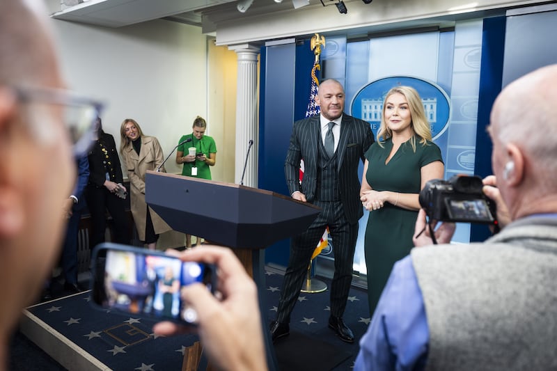 Conor McGregor, alongside White House Press Secretary Karoline Leavitt, speaking briefly to the media in the White House press briefing room. Photograph: Jim Lo Scalzo