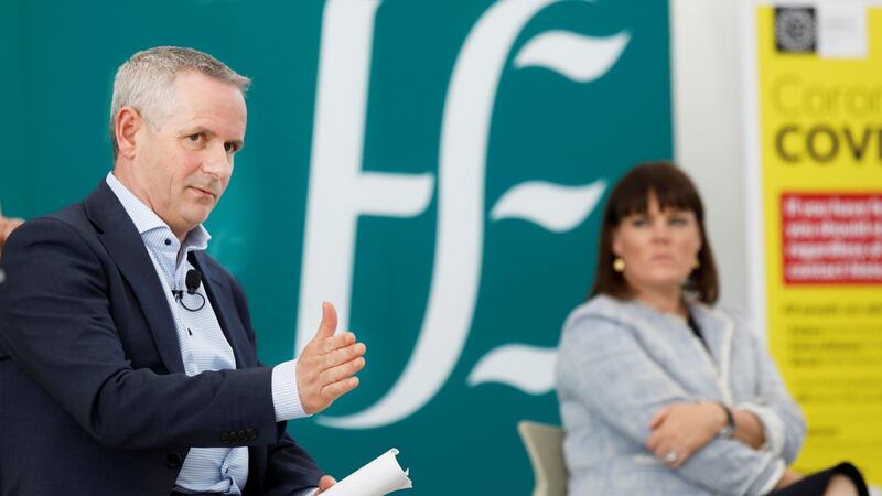 HSE CEO Paul Reid and  HSE clinical lead for testing Niamh O’Beirne during a briefing at DCU Glasnevin campus in Dublin on Thursday. Photograph: Leon Farrell/Photocall Ireland/PA Wire