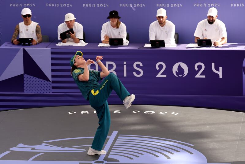 B-Girl Raygun of Team Australia competes during the B-Girls Round Robin - Group B event on day 14 of the Paris Olympic Games. Photograph: Ezra Shaw/Getty Images