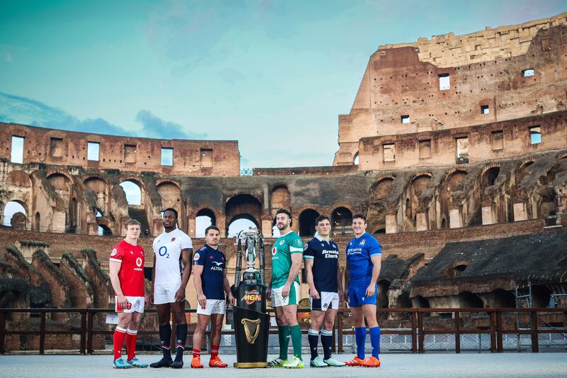 Captains (L-R) Jac Morgan, Maro Itoje, Antoine Dupont, Caelan Doris, Rory Darge and Michele Lamaro  at the launch of the 2025 Six Nations Championship at the Colosseum in Rome. Photograph: Billy Stickland/Inpho