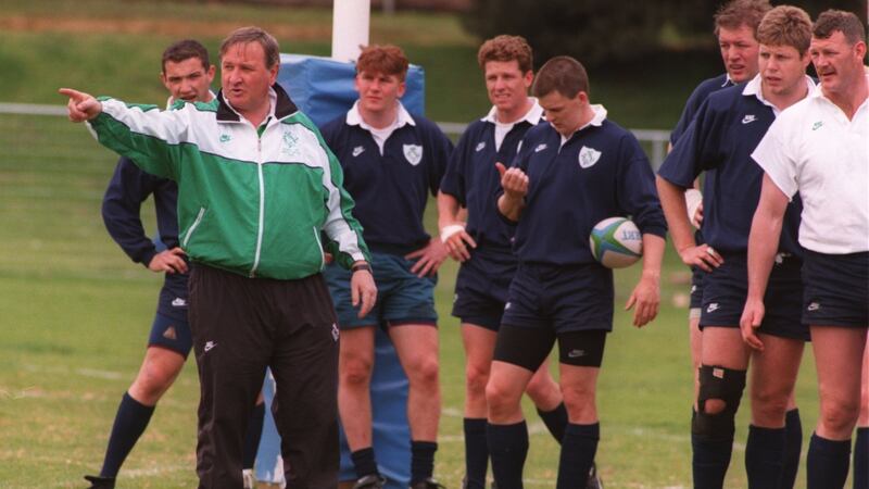 Ireland coach Gerry Murphy takes a session at Milpark in Johannesburg ahead of the opening game of the 1995 Rugby World Cup in South Africa. Photograph: Phil Cole/Allsport