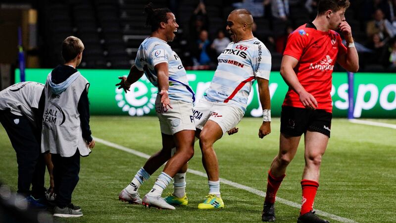 Teddy Thomas and Simon Sebo celebrate a try during their win over Ulster. Photo: Geoffrey van der Hasselt/Getty Images