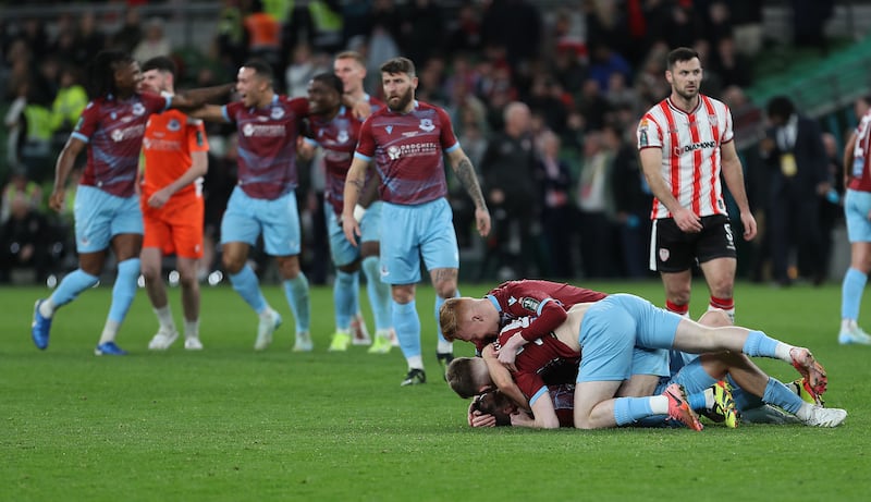 Drogheda players celebrate their win over Derry City at the final whistle. Photograph: Lorcan Doherty/Inpho